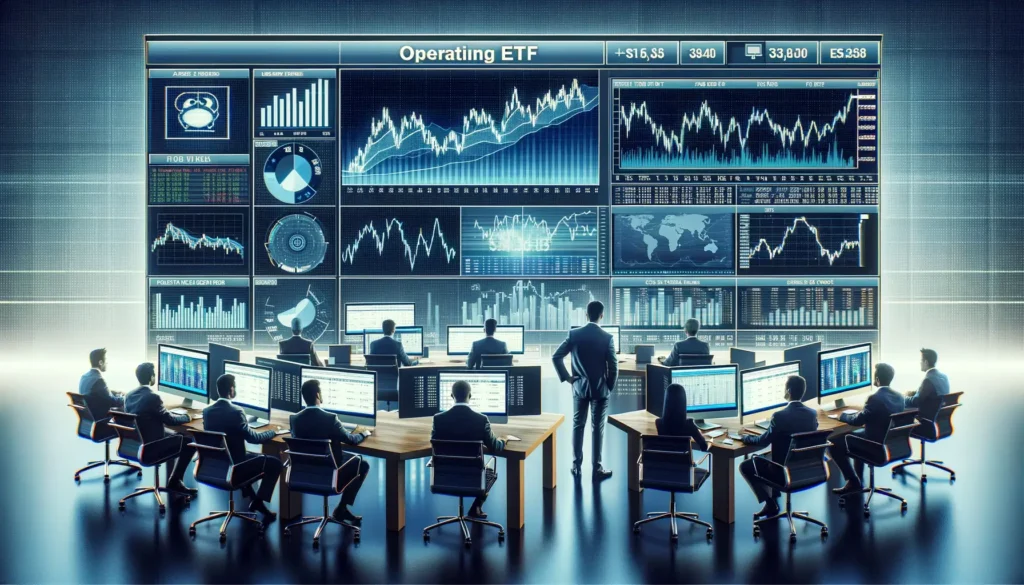 국내 ETF 상품(상장지수펀드) 운용에 집중하는 분주한 자산운용사를 묘사하고 있다. 넓고 현대적인 사무실에서 재무 분석가 팀은 반원형으로 배열된 책상에 앉아 있으며, 각 책상은 실시간 ETF 시장 데이터를 표시하는 대형 벽걸이 스크린을 마주하고 있습니다. 화면에는 상향 및 하향 추세가 있는 다양한 금융 차트와 그래프가 표시되며, 회사의 ETF 관리 전략에 중요한 핵심 성과 지표와 주가가 강조됩니다.

전경에서는 비즈니스 복장을 한 애널리스트들이 각자의 컴퓨터 모니터를 유심히 관찰하고, ETF의 성과를 분석하고, 계산된 결정을 내리고 있습니다. 선임 애널리스트 또는 펀드 매니저로 추정되는 중심 인물은 위풍당당한 존재감을 뽐내며 데이터가 풍부한 디스플레이에 집중된 시선으로 운영을 감독합니다.

사무실은 정교함과 첨단 기술의 기량을 발산하며 각 책상에는 여러 개의 화면, 키보드 및 정교한 분석 도구가 장착되어 있습니다. 앰비언트 조명은 스크린의 디지털 빛을 강조하여 전략적인 재무 결정을 내리는 에너지가 넘치는 분위기를 암시합니다.