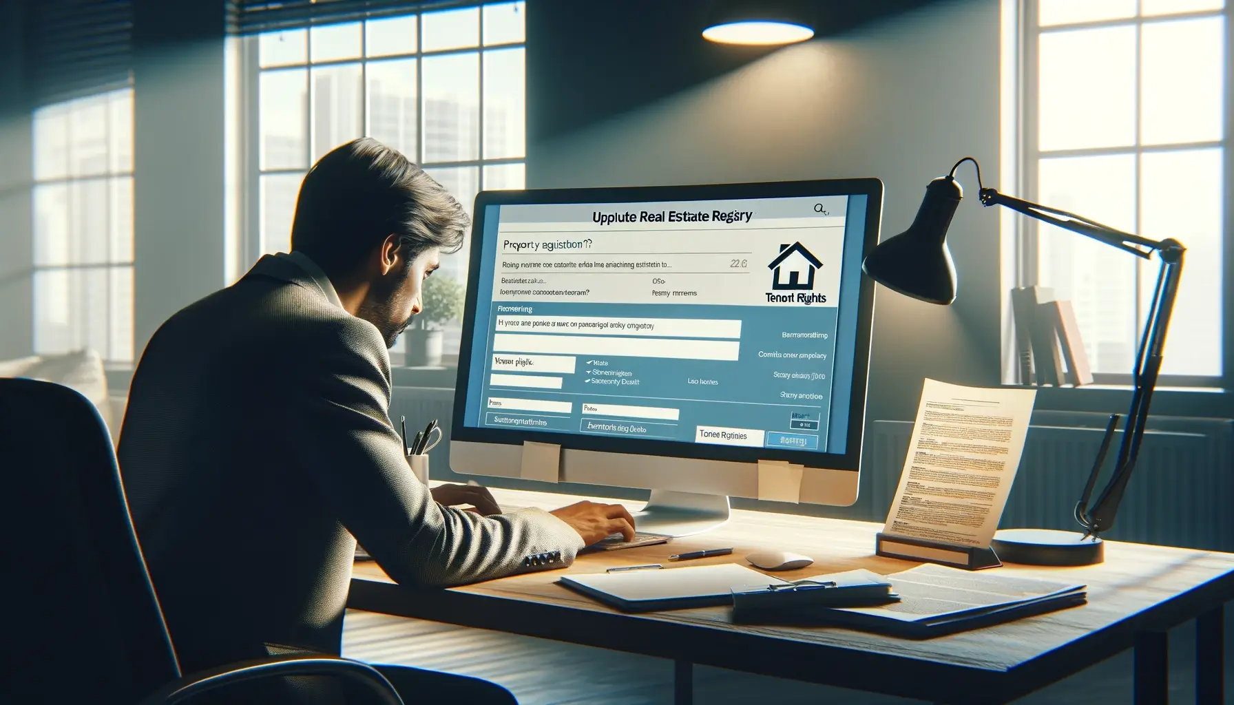 홈 오피스 또는 전문 작업 공간에서 부동산 문서에 세입자 권리를 정확하게 기록하기 위해 온라인으로 부동산 레지스트리를 업데이트하는 프로세스에 참여하는 개인을 보여줍니다. 장면 앞쪽에 보이는 컴퓨터 화면에는 공식 부동산 등록 웹사이트 또는 포털이 표시되며, 여기서 당사자는 임대 조건, 보증금 정보 및 기타 세입자 권리와 같은 세부 정보를 입력하고 있습니다. 책상은 부동산 및 임대 계약과 관련된 문서와 함께 깔끔하게 정리되어 있어 제출되는 정보의 정확성을 보장하기 위한 세심하고 성실한 노력을 시사합니다. 분위기는 집중력과 책임감을 전달하며 부동산 등기부에 세입자 권리를 법적으로 문서화하는 것의 중요성을 강조합니다. 이 장면은 부동산 기록 관리에 대한 현대적인 접근 방식을 포착하여 집주인과 세입자 모두의 이익을 보호하는 온라인 거래의 편리함과 효율성을 강조합니다.