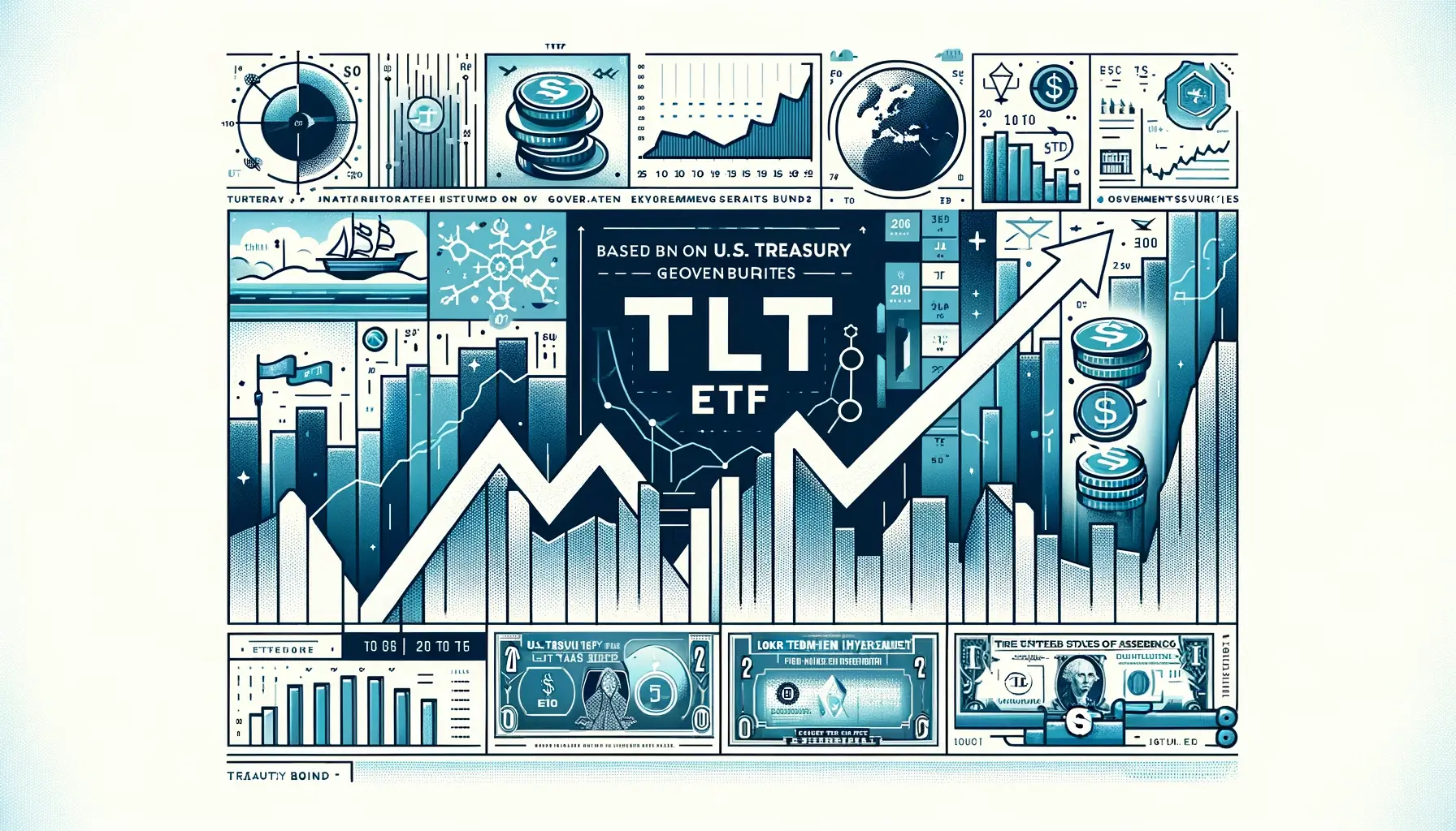 시원한 흰색 배경에 미니멀하고 넓은 직사각형 구성이 특징이며, 만기가 20년 이상인 장기 미국 국채에 초점을 맞춘 TLT ETF를 나타내도록 설계되었습니다. 이미지의 중심에는 왼쪽에서 오른쪽으로 올라가는 양식화된 그래프 또는 차트가 있으며, 이는 장기적인 투자 성장과 안정성을 상징합니다. 그래프를 둘러싼 단순화된 아이콘 또는 국채 그림은 국채에 대한 TLT ETF의 특정 초점을 미묘하게 나타냅니다. 전체적인 미학은 종종 국채 투자와 관련된 특성인 보안과 신뢰성을 전달합니다. 시각적 요소가 결합되어 유익하고 매력적인 표현을 만들어 텍스트를 사용하지 않고 TLT ETF 투자 전략의 본질을 강조합니다.