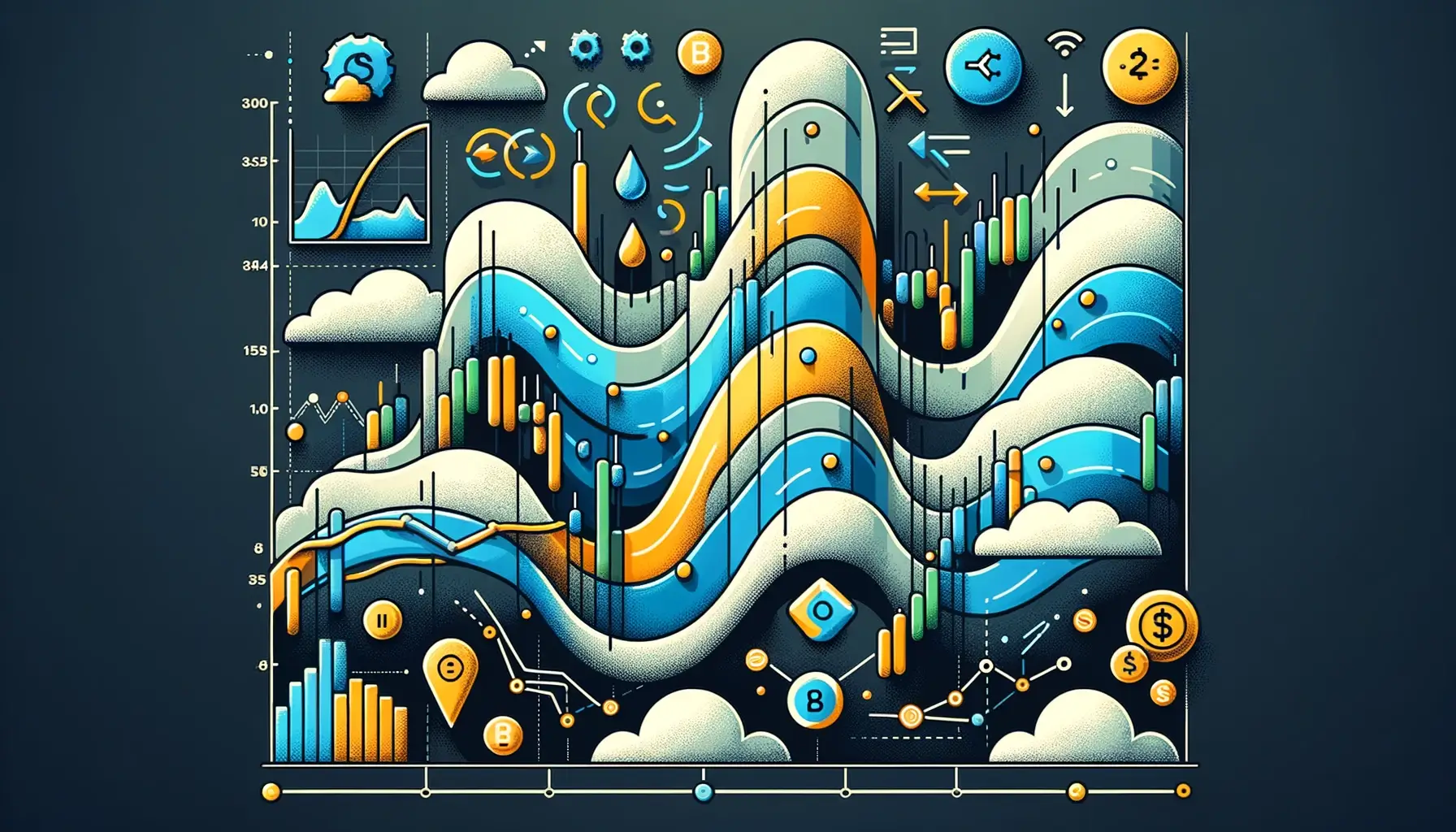 기술적 분석의 핵심 도구인 볼린저 밴드(Bollinger Bands)에 대한 자세한 시각적 설명을 제공합니다. 볼린저 밴드를 구성하는 세 가지 주요 라인, 즉 상단 밴드, 하단 밴드 및 중간 밴드가 있는 가격 차트가 특징이며, 이는 일반적으로 가격의 단순 이동 평균입니다. 이 밴드는 가격 움직임 주위에 동적 엔벨로프를 만듭니다. 이미지에서 강조 표시된 주요 요소는 다음과 같습니다. 볼린저 밴드 스퀴즈(Bollinger Band Squeeze)는 상부 밴드와 하부 밴드가 서로 가까워지는 좁은 통로로 묘사되며, 시장 변동성이 낮은 기간을 나타내며 종종 상당한 가격 변동의 전조가 됩니다. 밴드의 확장은 스퀴즈 이후에 나타나며, 가격이 결정적인 상승 또는 하락을 할 때 시장 변동성이 증가했음을 보여줍니다. 과매수 및 과매도 상태가 표시되며, 가격이 상단 밴드에 닿거나 돌파하면 과매수 상태를 나타내고 하단 밴드에 닿거나 아래로 떨어지면 과매도 상태를 나타냅니다. 잠재적인 진입 및 청산 지점이 표시되어 트레이더가 거래 결정을 내리기 위해 밴드의 움직임을 사용하는 방법을 보여줍니다. 예를 들어, 트레이더는 가격이 하단 밴드에서 반등할 때 매수하고 상단 밴드에 닿을 때 매도하는 것을 고려할 수 있습니다. 이 이미지는 시청자가 시장 분석 및 거래 전략에서 볼린저 밴드를 해석하고 적용하는 방법을 더 쉽게 이해할 수 있도록 교육 가이드 역할을 합니다.