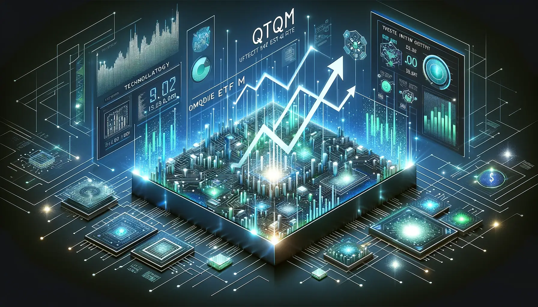 기술 부문에 대한 투자를 상징하도록 설계된 QQQM ETF의 생동감 있고 미래 지향적인 표현입니다. 디지털 혁신과 연결성의 본질을 불러일으키는 추상적인 요소가 있는 역동적인 구성이 특징입니다. 핵심은 디지털 네트워크와 회로 패턴이 서로 얽혀 현대 기술의 상호 연결된 특성을 암시하는 빛나는 노드와 라인의 복잡한 웹을 형성한다는 것입니다. 이 디지털 태피스트리를 덮고 있는 것은 컴퓨터, 스마트폰 및 기타 디지털 장치의 아이콘으로, ETF가 기술 투자에 중점을 두고 있음을 상징합니다. 이 디지털 환경에서 오름차순 그래프와 차트가 나타나 매끄럽고 현대적인 배경을 배경으로 위로 치솟아 성장과 재정적 번영을 나타냅니다. 색상 팔레트는 시원한 파란색과 녹색이 혼합되어 이미지의 미래 지향적인 느낌을 더욱 강화하고 기술 산업에서의 발전과 성공이라는 주제를 강조합니다. 전체적인 디자인은 매끄럽고 미래 지향적이며, 기술 발전과 혁신을 활용하고자 하는 사람들을 위한 투자 수단으로서 QQQM ETF의 본질을 요약합니다.
