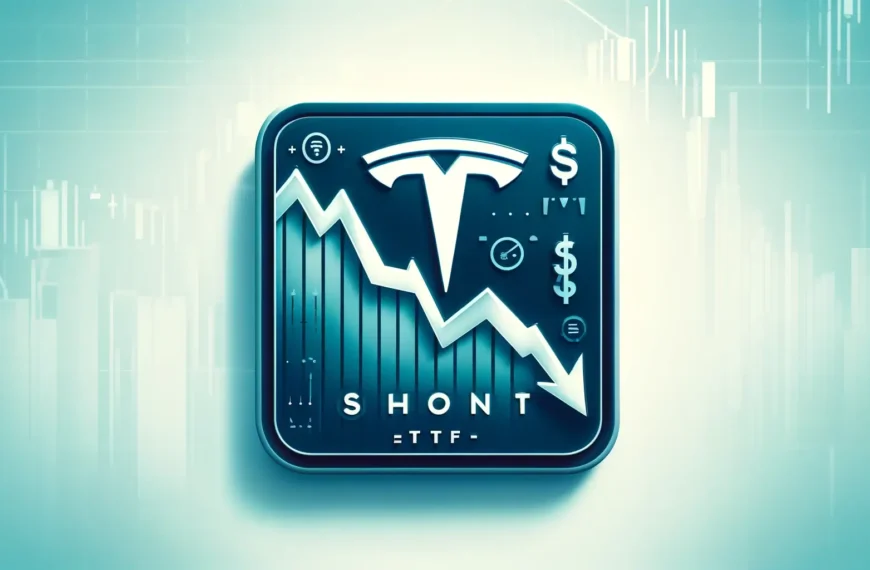 테슬라 숏 ETF를 나타내는 직사각형 이미지. 이 이미지에는 Tesla 로고가 눈에 띄게 표시된 양식화된 하향 추세 주식 차트가 있습니다. 배경은 주식 시장 지표 및 달러 기호와 같은 미묘한 금융 기호가 있는 시원한 흰색 톤입니다. 디자인은 현대적이고 미니멀하며 Tesla의 주식 실적에 베팅하는 개념을 강조합니다. 이미지에는 텍스트가 없으며 공매도 및 시장 동향의 시각적 표현에만 중점을 둡니다