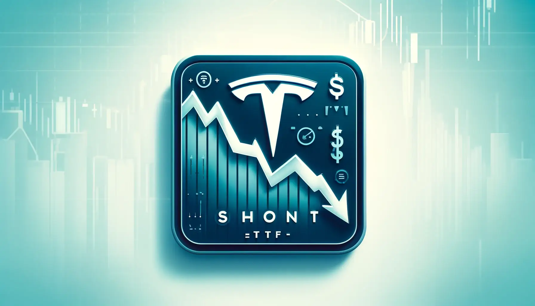 테슬라 숏 ETF를 나타내는 직사각형 이미지. 이 이미지에는 Tesla 로고가 눈에 띄게 표시된 양식화된 하향 추세 주식 차트가 있습니다. 배경은 주식 시장 지표 및 달러 기호와 같은 미묘한 금융 기호가 있는 시원한 흰색 톤입니다. 디자인은 현대적이고 미니멀하며 Tesla의 주식 실적에 베팅하는 개념을 강조합니다. 이미지에는 텍스트가 없으며 공매도 및 시장 동향의 시각적 표현에만 중점을 둡니다