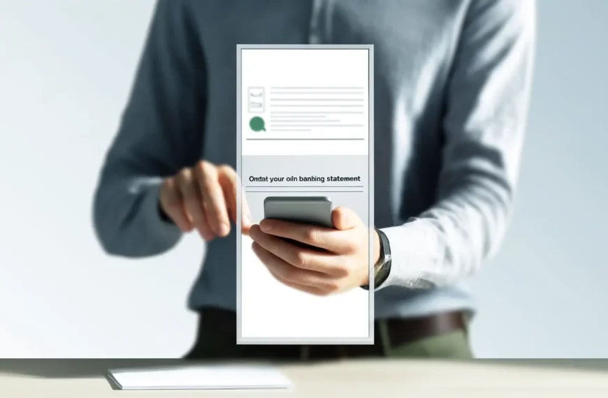 가슴 아래를 내려다보는 한 남성이 미니멀한 분위기 속에 서서 스마트폰을 만지고 있다. 그는 온라인 뱅킹 명세서를 입수하는 과정에 있는 것으로 보입니다. 전화기 화면에는 깔끔하고 전문적인 레이아웃의 디지털 명세서가 표시됩니다. 배경은 시원하고 흰색으로 전체 장면을 깔끔하고 현대적으로 유지합니다. 초점은 그의 손과 전화기에 맞춰져 있으며 디지털 상호 작용을 강조합니다.